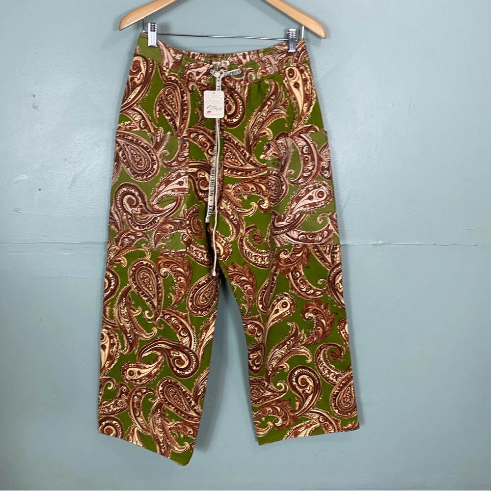 Free People Jet Set Printed Pants Pull On Green Paisley Small